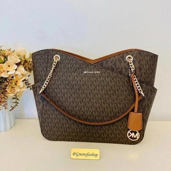 Michael Kors Purse jet set travel large chain tote shoulder bag brown signature - Picture 2 of 11